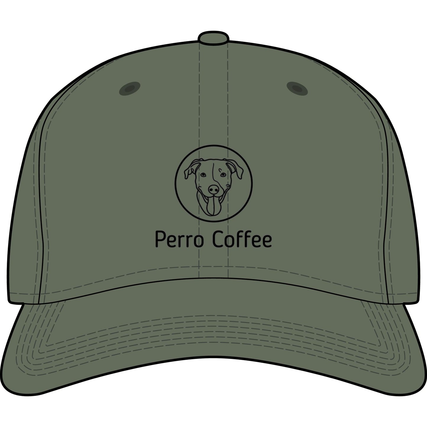 Perro Coffee logo embroidered dad hat, stylish black baseball cap with dog coffee shop branding, adjustable hat for casual wear.