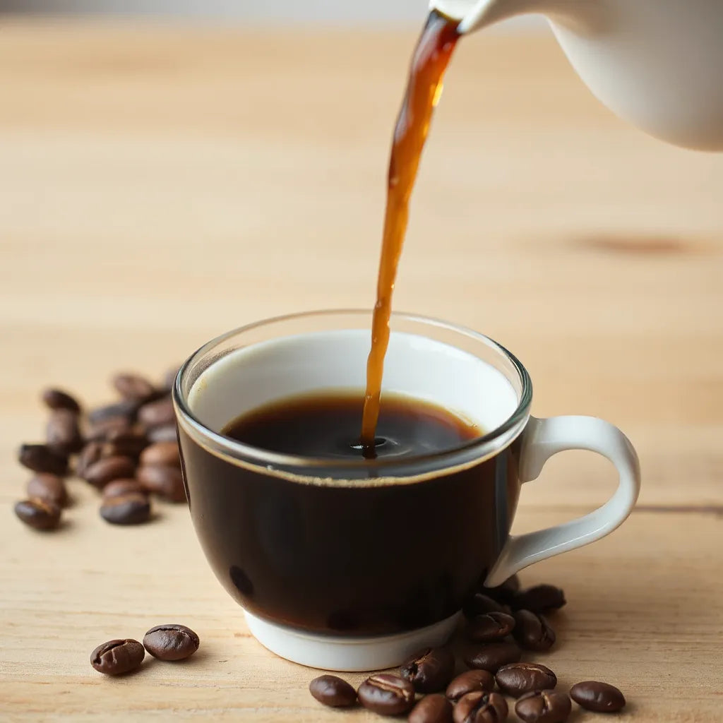 A dark roast coffee cup with visible crema and roasted coffee beans on a wooden surface