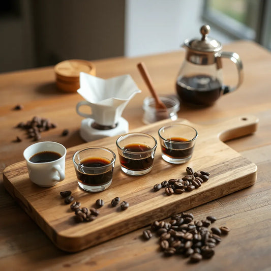 Assorted cups of freshly brewed coffee with coffee beans on a wooden tasting board
