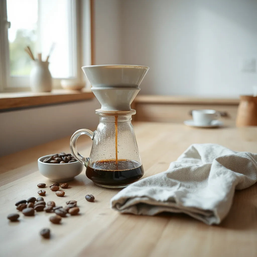 Pour-over dripper pouring craft coffee into a glass carafe with roasted beans on a wooden counter