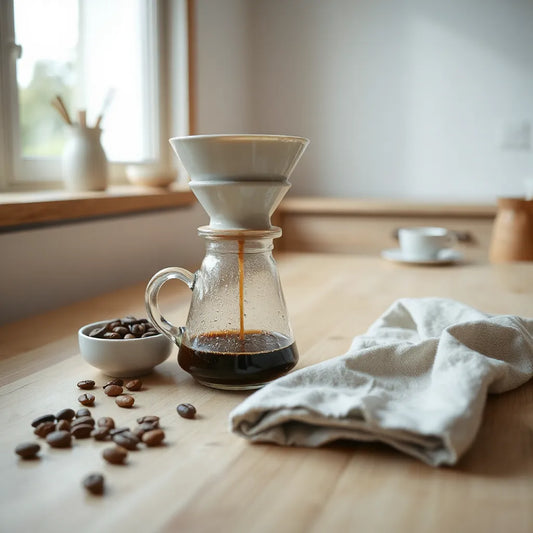 Pour-over dripper pouring craft coffee into a glass carafe with roasted beans on a wooden counter