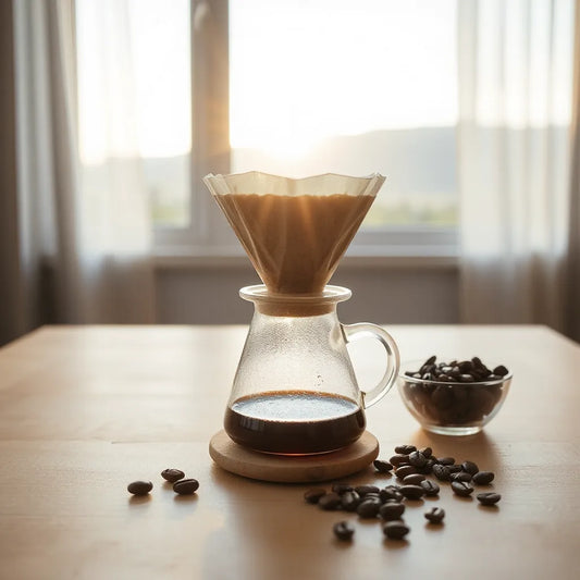 Pour-over coffee with whole beans and a warm cup on a wooden table