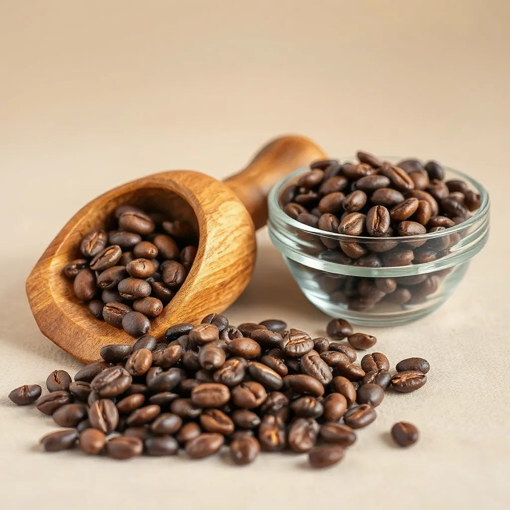 Fresh coffee beans with a wooden scoop and warm lighting, ideal for a guide to premium coffee roasts