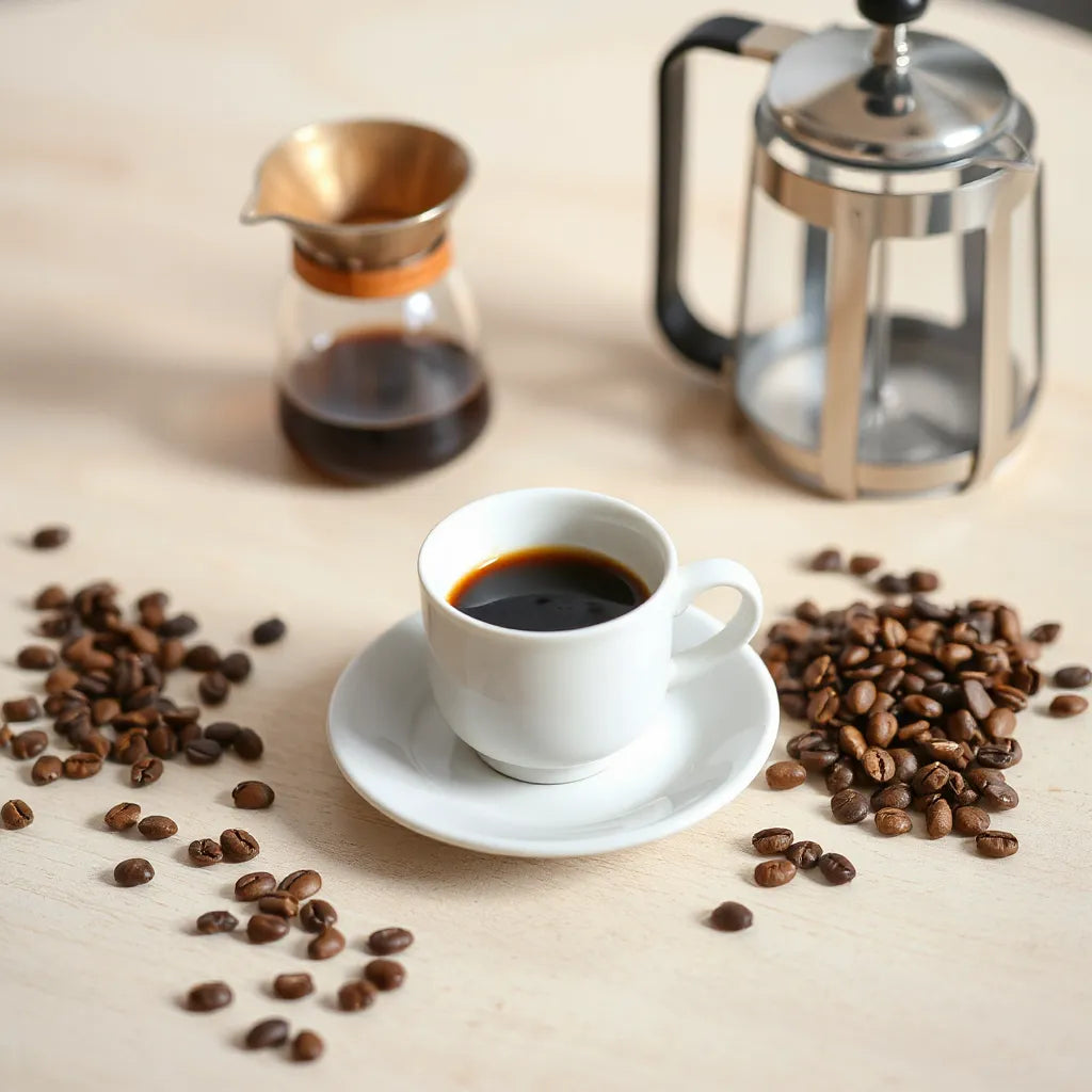 A warm cup of medium roast coffee with nearby beans and a simple brewing tool on a wooden surface