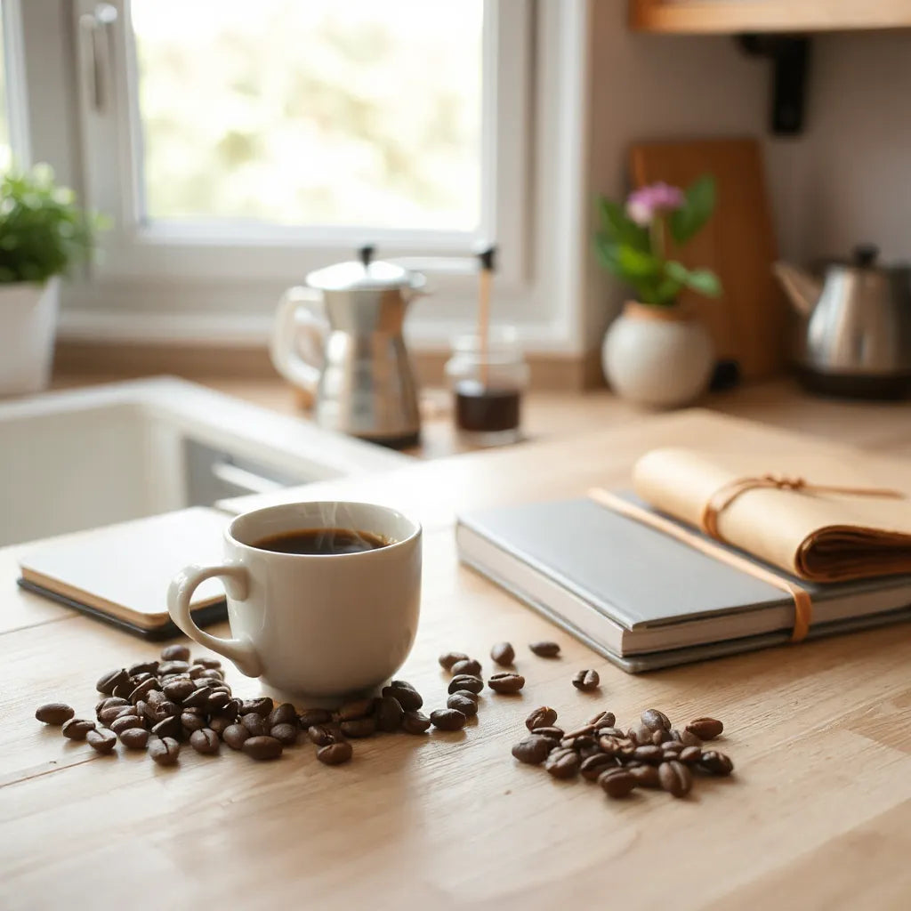 Steaming cup of coffee with coffee beans and a grinder on a wooden countertop in morning light