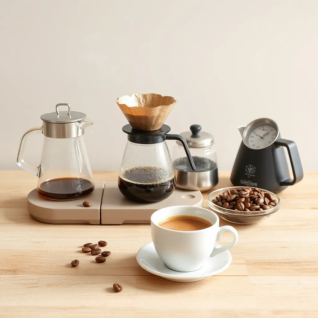 Pour-over coffee setup with dripper, kettle steam, beans, and a fresh cup on a light wooden counter