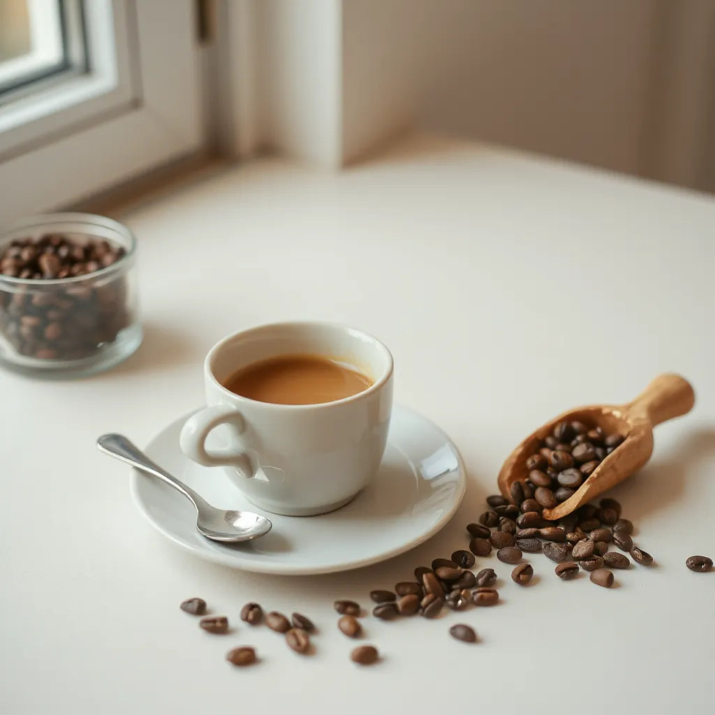 Cup of breakfast coffee with whole beans and a small breakfast pastry on a sunlit table