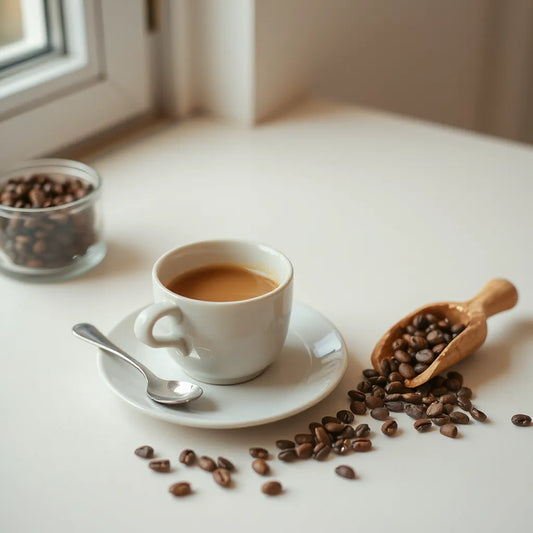 Cup of breakfast coffee with whole beans and a small breakfast pastry on a sunlit table