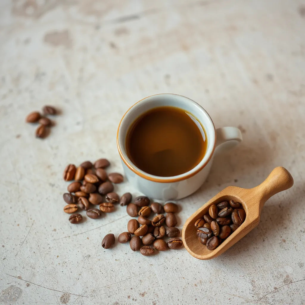 Fresh cup of coffee with mixed arabica and robusta beans on a wooden surface