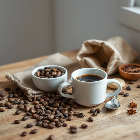 Ceramic coffee cup with crema beside scattered organic coffee beans and burlap sack on wood