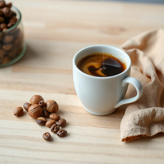 Warm cup of chocolate nut flavored coffee with roasted hazelnuts and coffee beans on a wooden table