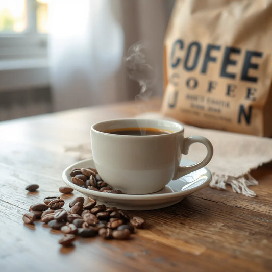 Warm coffee cup with a few beans on a wooden table, showing subtle steam and soft natural light
