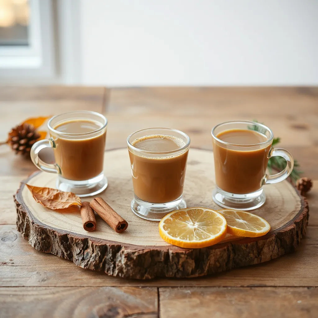 Three cups of coffee on a wooden table with seasonal accents like leaves, pine, and citrus