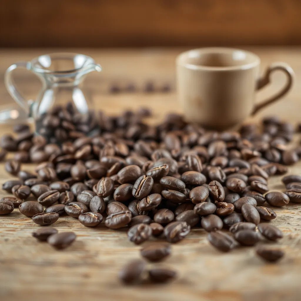 Artisanal coffee beans on wood with a pour-over dripper and cup in soft focus