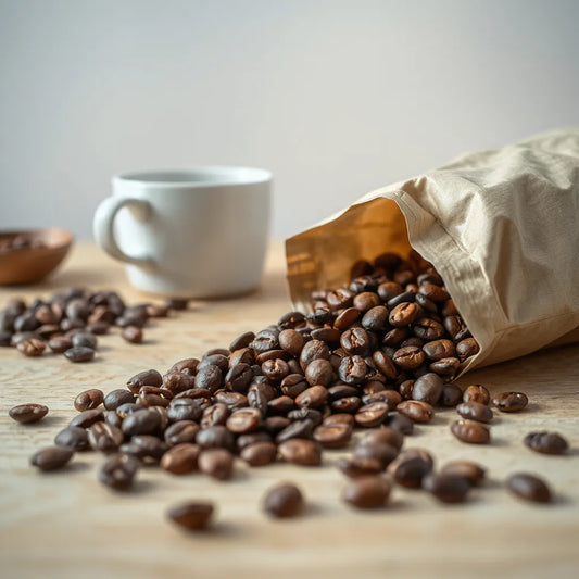 Dark roasted coffee beans spilling onto a wooden table beside a steaming cup