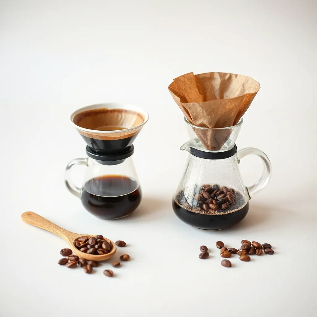 Pour-over specialty coffee brewing setup with dripper, glass carafe, and coffee beans on a light background