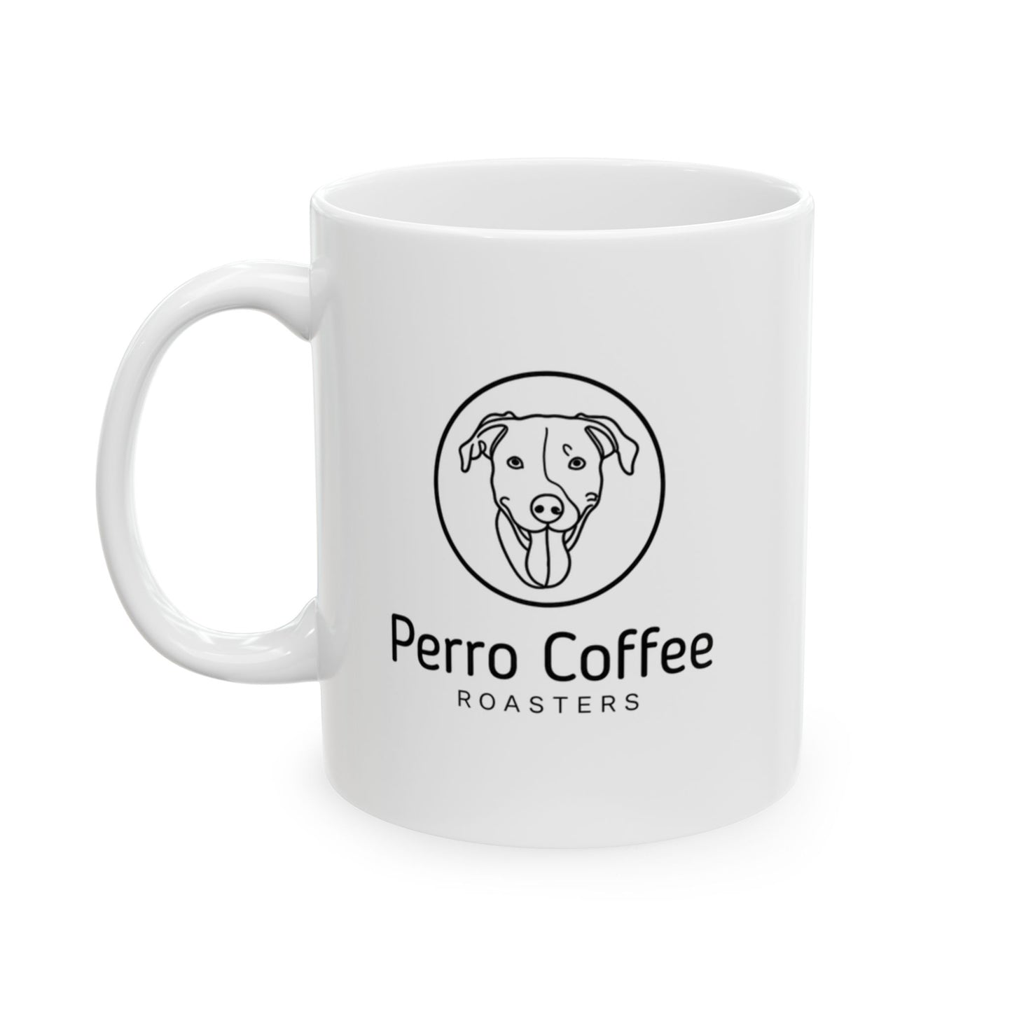 Ceramic coffee mug with "Permanent Coffee" logo, 11oz or 15oz size, by Printify, featuring a minimalist design and white finish.