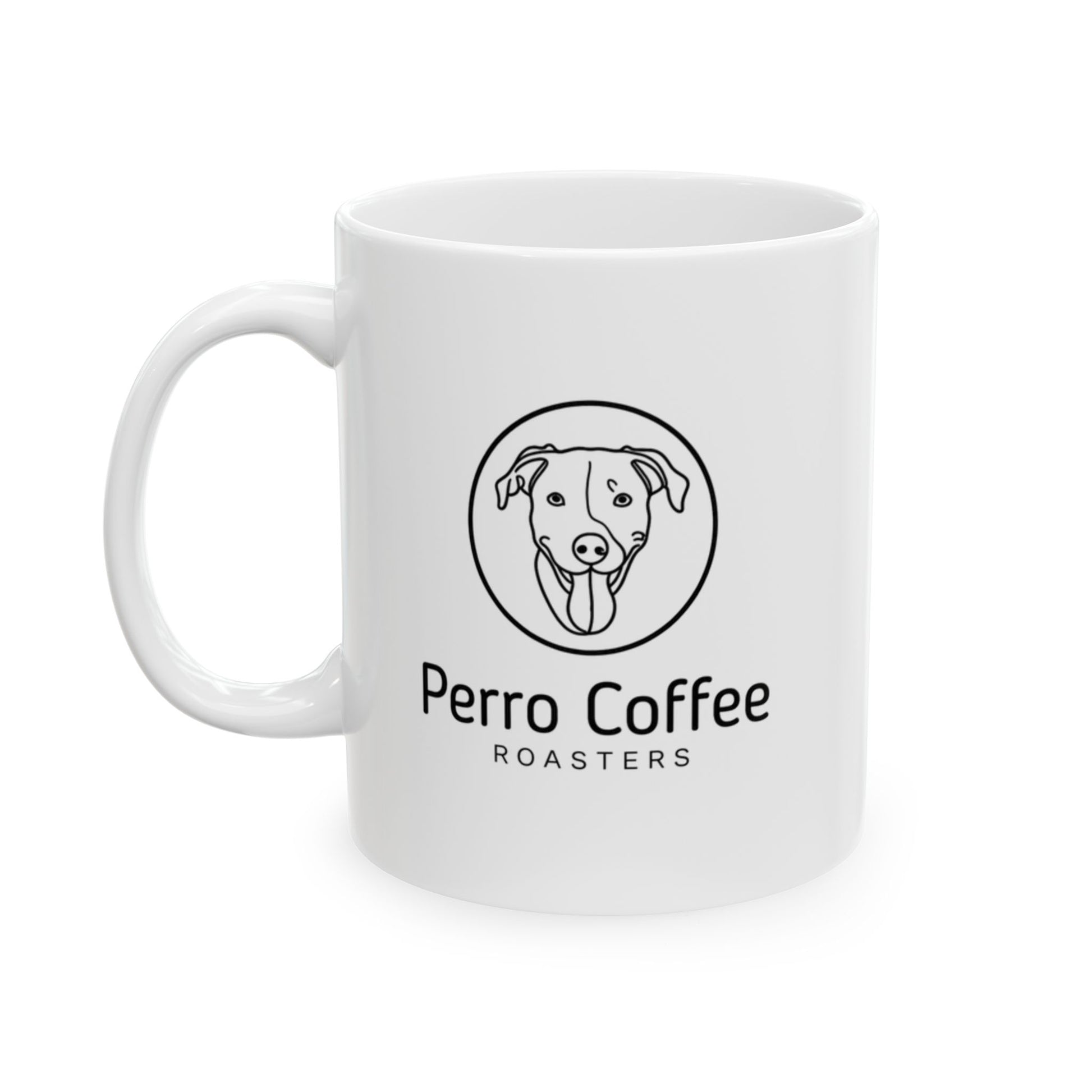 Ceramic coffee mug with "Permanent Coffee" logo, 11oz or 15oz size, by Printify, featuring a minimalist design and white finish.