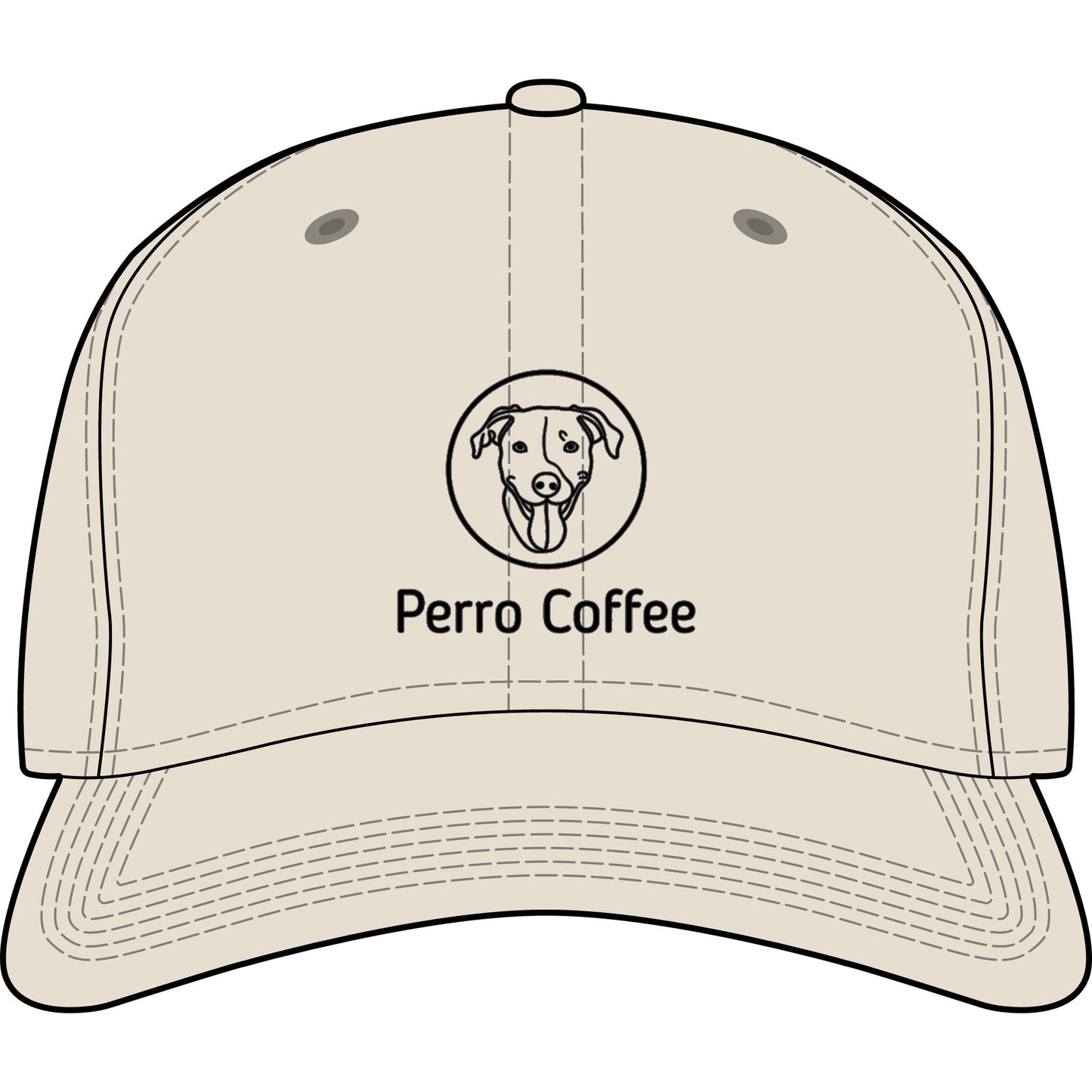 Dog Coffee Shop embroidered dad hat with Perro Coffee logo, casual black cap with adjustable strap and stitched branding.
