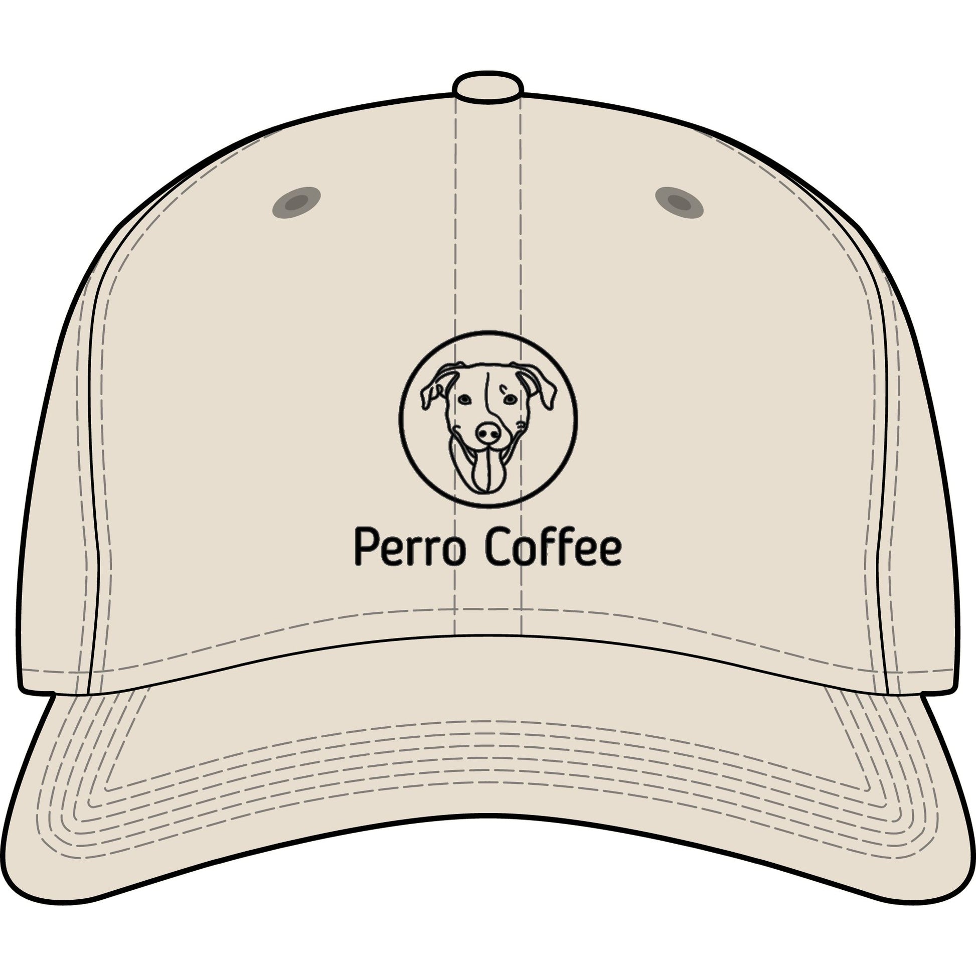 Dog Coffee Shop embroidered dad hat with Perro Coffee logo, casual black cap with adjustable strap and stitched branding.