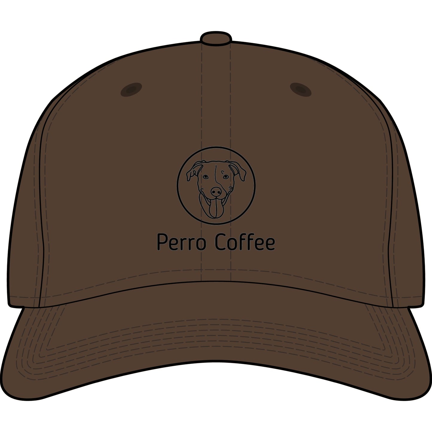 Perro Coffee logo embroidered dad hat featuring a dog coffee shop design, casual unisex hat in neutral fabric.