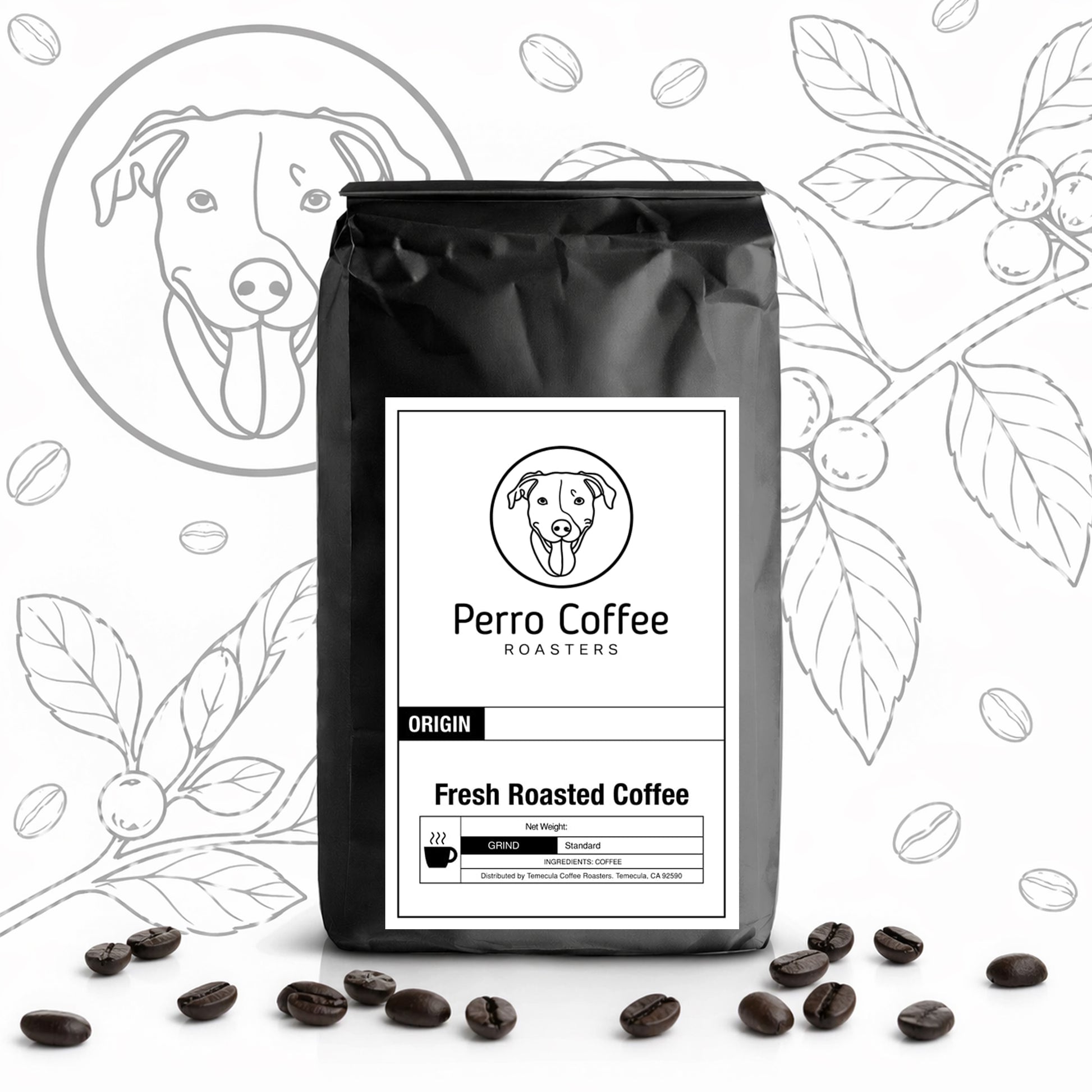Perro Coffee French Roast bag with dark roasted coffee beans on a rustic background.
