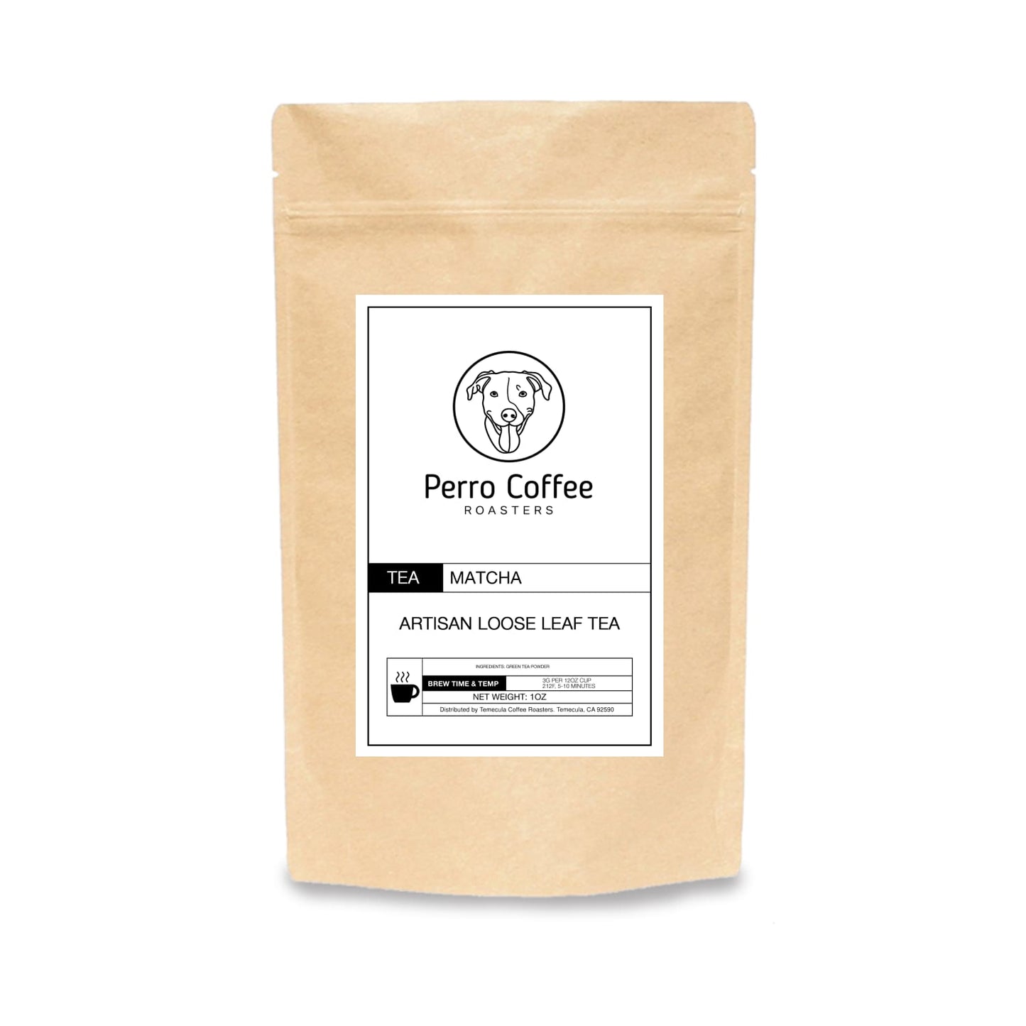 Bag of Perro Coffee matcha powder in a kraft paper packaging with a natural, earthy appearance.