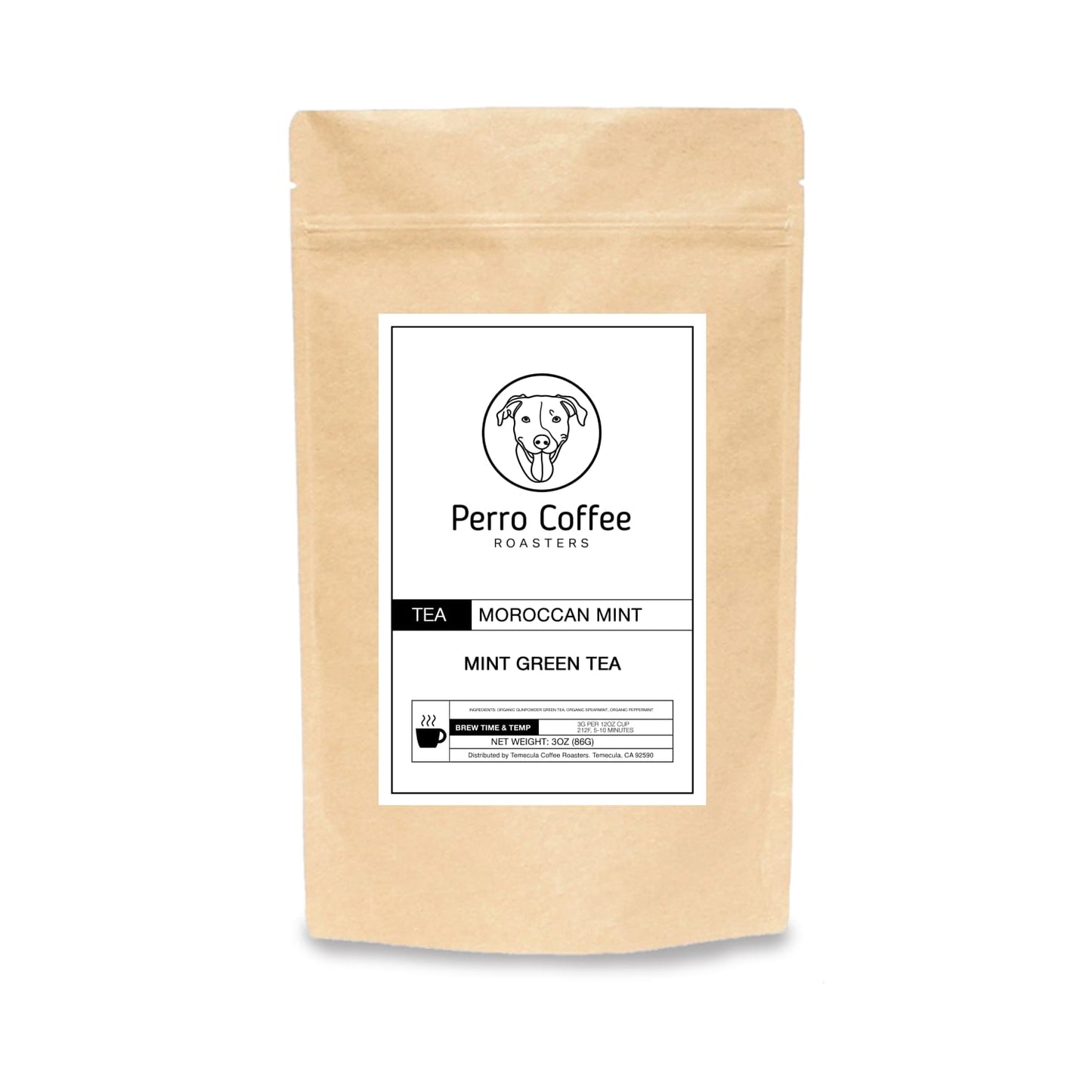 Perro Coffee Moroccan Mint tea in kraft packaging, fresh green mint leaves and tea leaves visible in a natural setting.