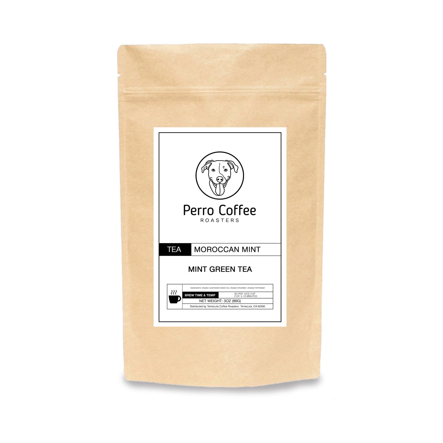 Perro Coffee Moroccan Mint tea in kraft packaging, fresh green mint leaves and tea leaves visible in a natural setting.
