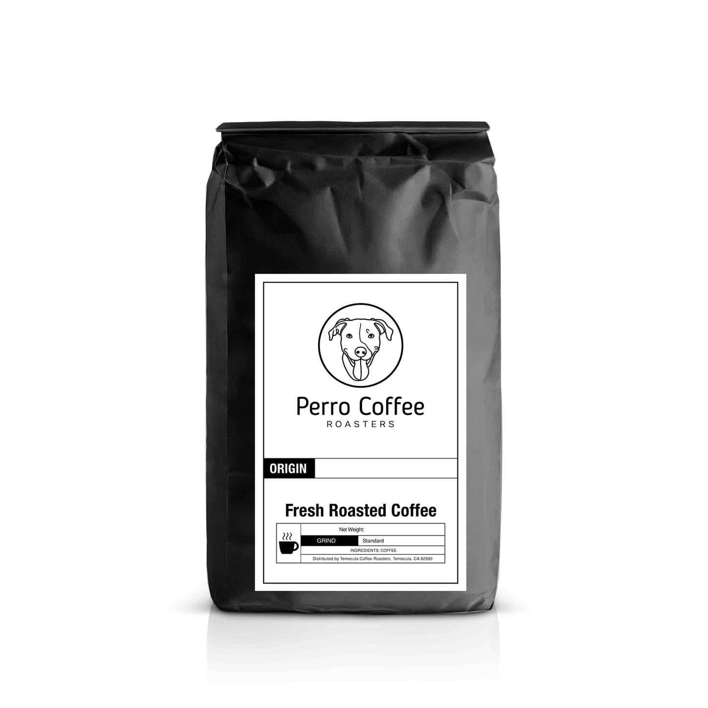 Perro Coffee instant coffee bag with label showing the Perro Coffee logo and product details in clear view.